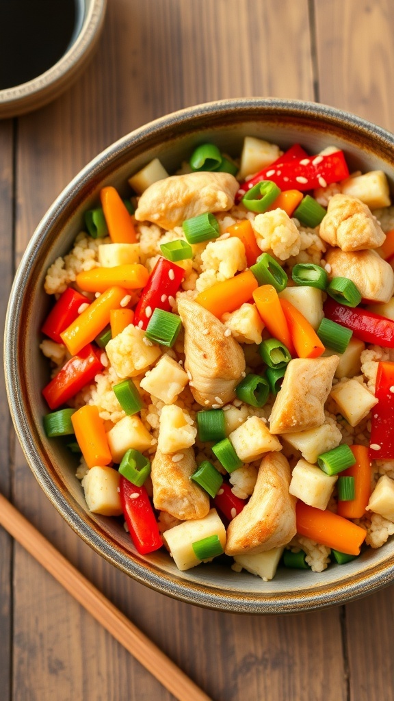 A colorful bowl of cauliflower rice stir-fry with bell peppers, carrots, and chicken, garnished with green onions and sesame seeds.